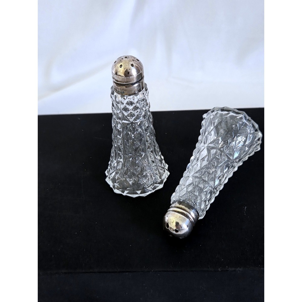 Vintage Sterling Silver Top & Glass Salt and Pepper Shakers Diamond Cut USA 3"
